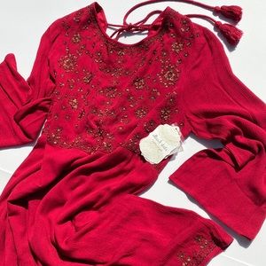 NEW ALTAR’D STATE RED BOHO DRESS EMBROIDERED BEAD SEQUINS TASSELS LINED Sz LARGE